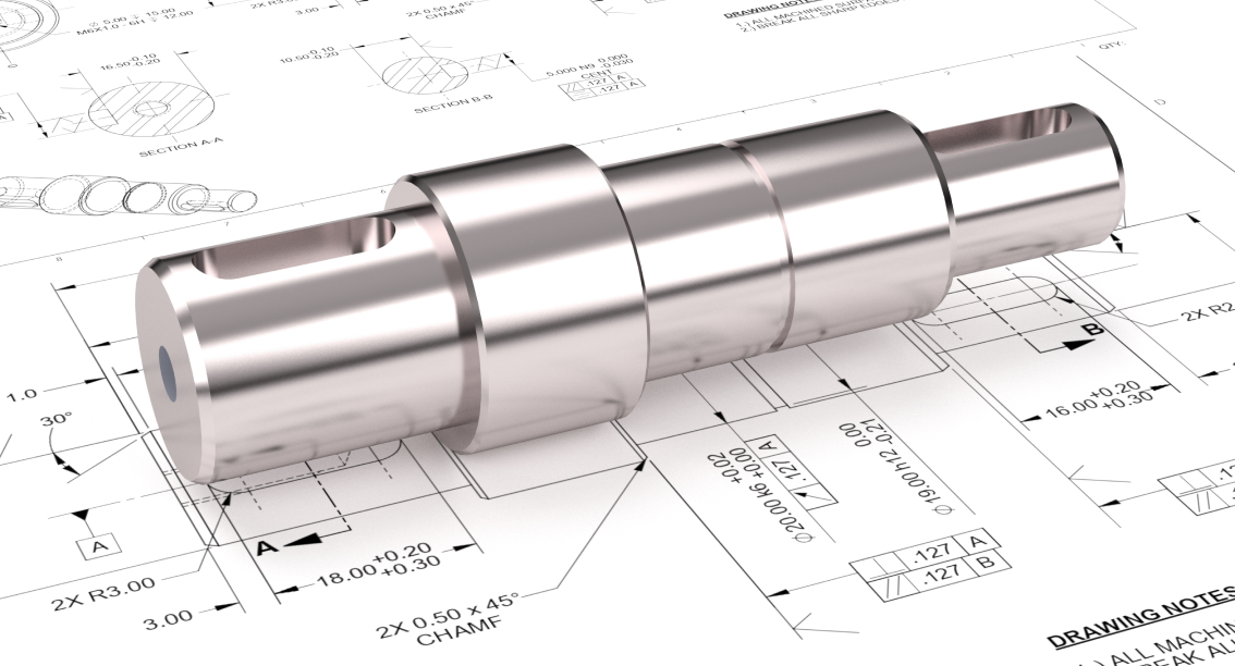 CAD modell műszaki rajz felett